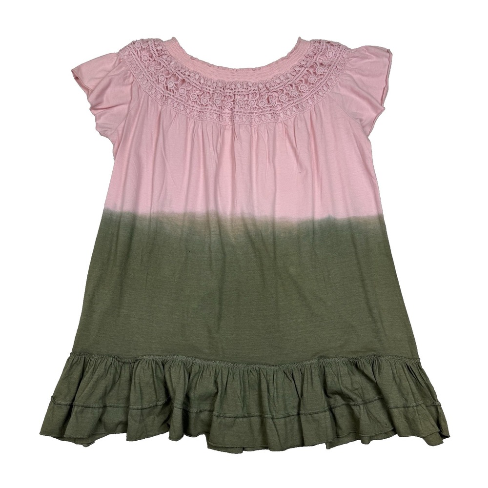 Indigo Thread Boho Embroidered Top Pink & Olive Flutter Sleeve Size XS